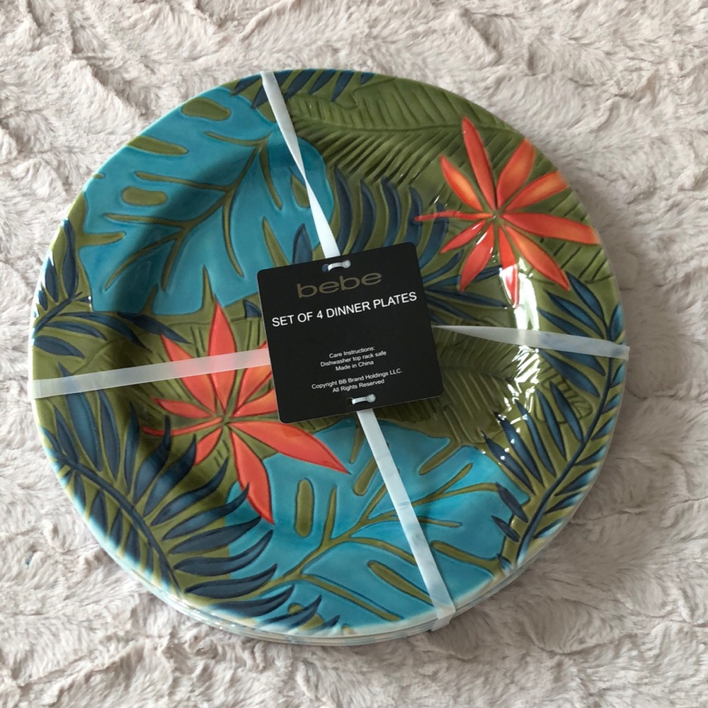 bebe Tropical Leaf Dinner Plates in Teal, Green & Coral